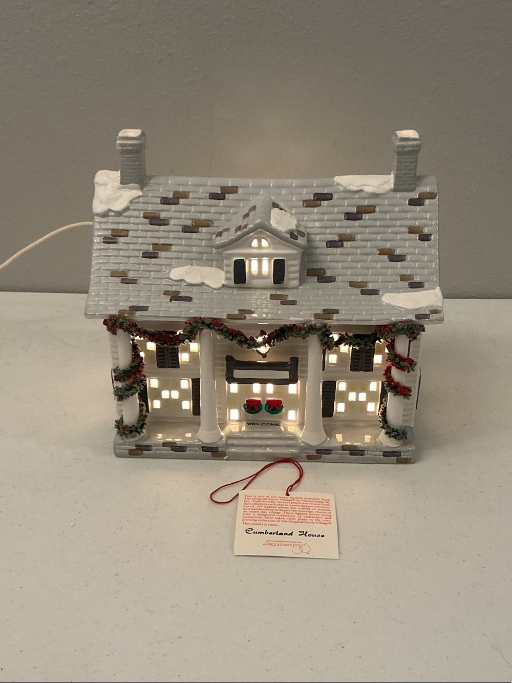 Department 56 White Lighted Cumberland House with Red & Green Garlands